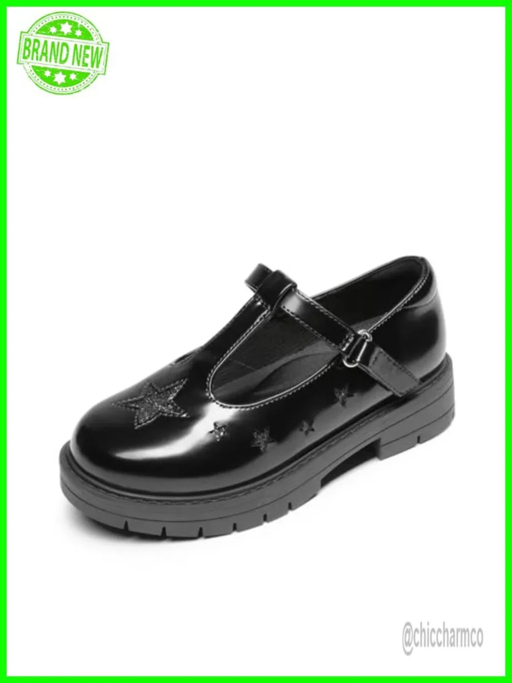 Girls Mary Jane Flats Faux Leather Glitter Star T-Strap Hook Loop School